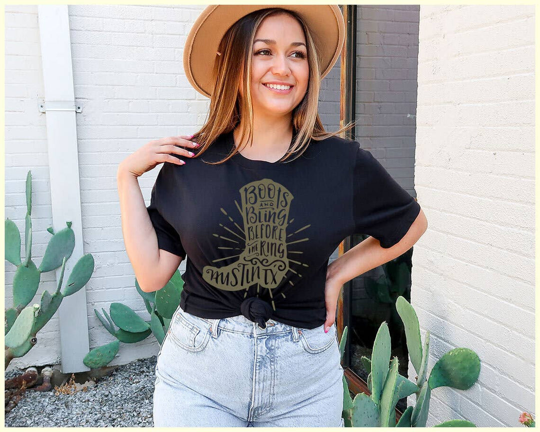 "Boots And Bling Before The Ring" design on a black unisex t-shirt