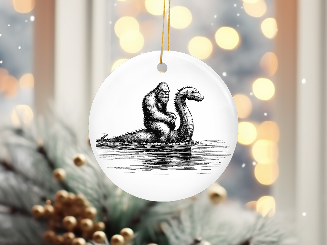 "Bigfoot Riding Loch Ness Monster" design on a 2.5 inch round ceramic Christmas ornament