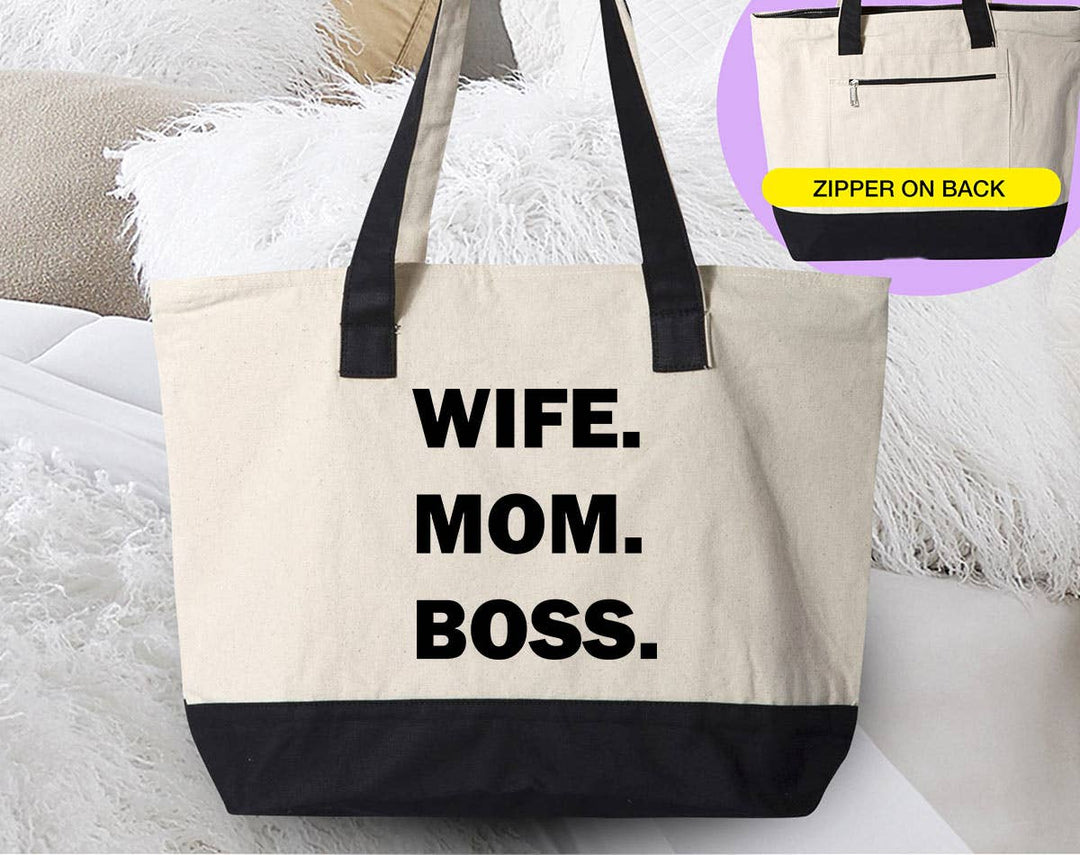 "Wife Mom Boss" design on a natural canvas zippered tote bag