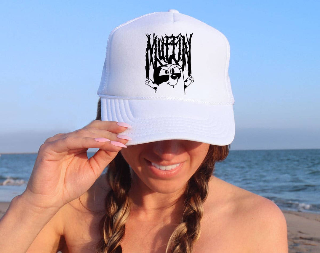 "Muffin Metal" design on a mesh-back snapback trucker hat