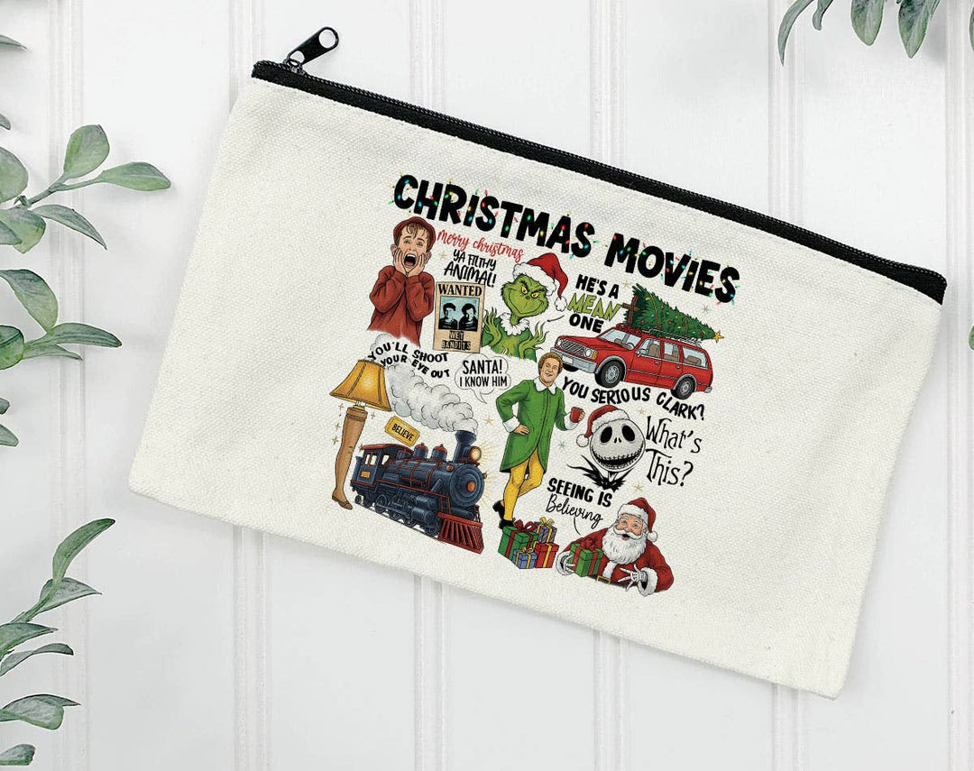 "Christmas Movies Collage Buddy & Clark" design on a natural canvas zipper makeup bag