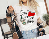 "Sips & Trips" design on a white unisex t-shirt