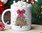 "Coquette Christmas Tree Pink Bow Snow Flakes" Christmas design on a white coffee mug