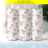 "Boot and Bow Pattern" design on a 20 oz skinny tumbler with lid and straw