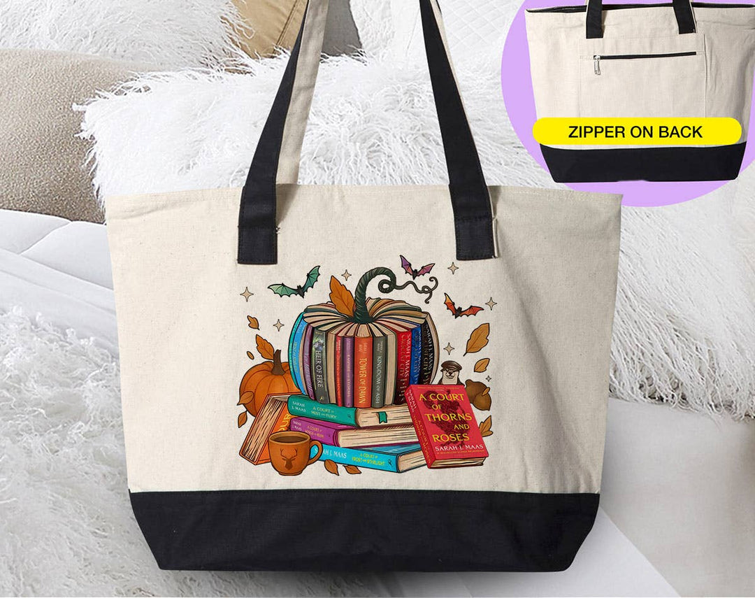"A Court Of Roses & Roses Inspired Pumpkin Book" design on a natural canvas zippered tote bag