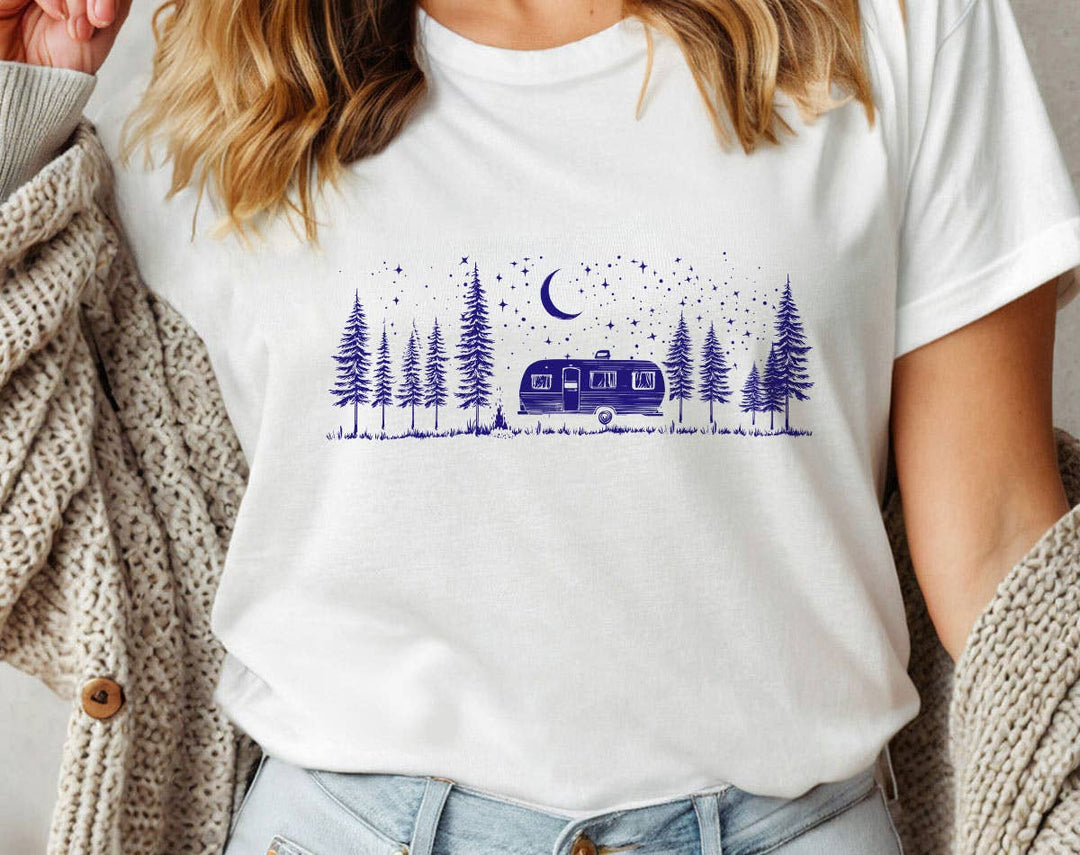 "Camping Life Under The Stars" design on a white unisex t-shirt