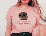 "Sad Hamster Meme I'm Literally Just A Girl" design on a peach unisex t-shirt