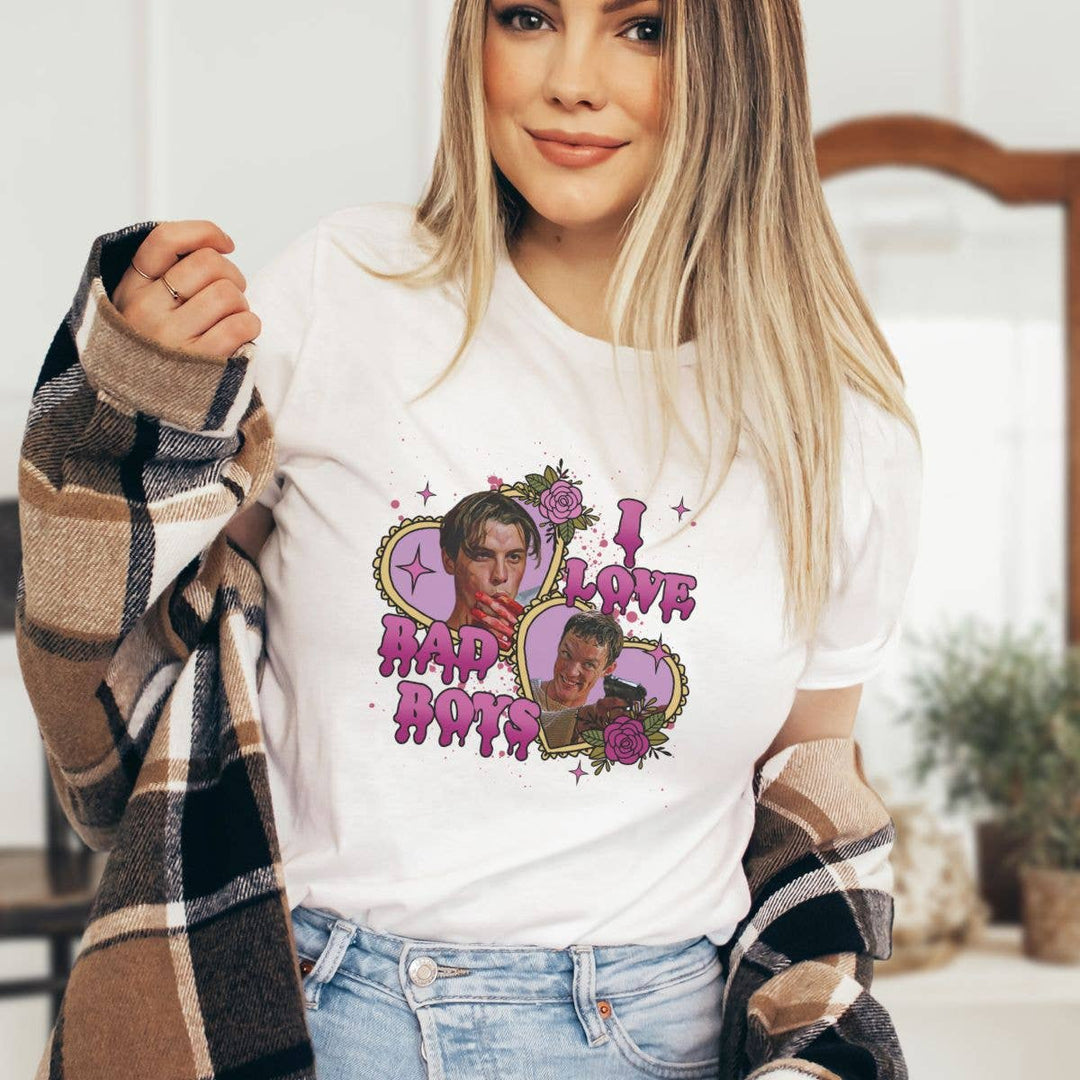 "I Love Bad Boys Horror Movie" design on a unisex t-shirt