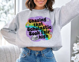 "Chasing That Scholastic Book Fair High" design on an ash gray unisex crewneck sweatshirt
