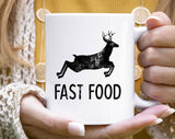 "Fast Food" design on a white ceramic coffee mug