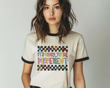 "It's Okay To Be Different Autism Awareness" design on a natural ringer t-shirt with black contrast trim