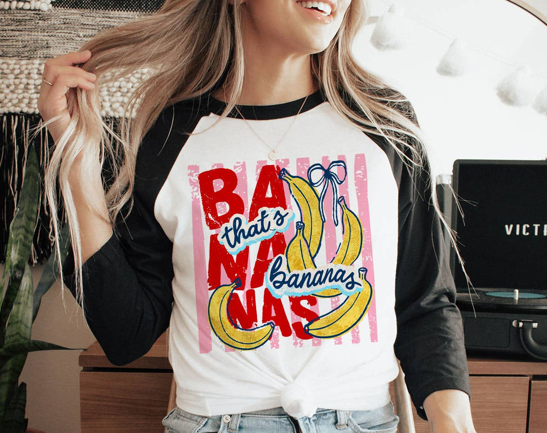 "That's Bananas Striped" design on a white baseball raglan tee with black sleeves