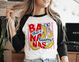 "That's Bananas Striped" design on a white baseball raglan tee with black sleeves