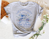 "Lady Whistledown Tea House" design on a heather gray unisex t-shirt