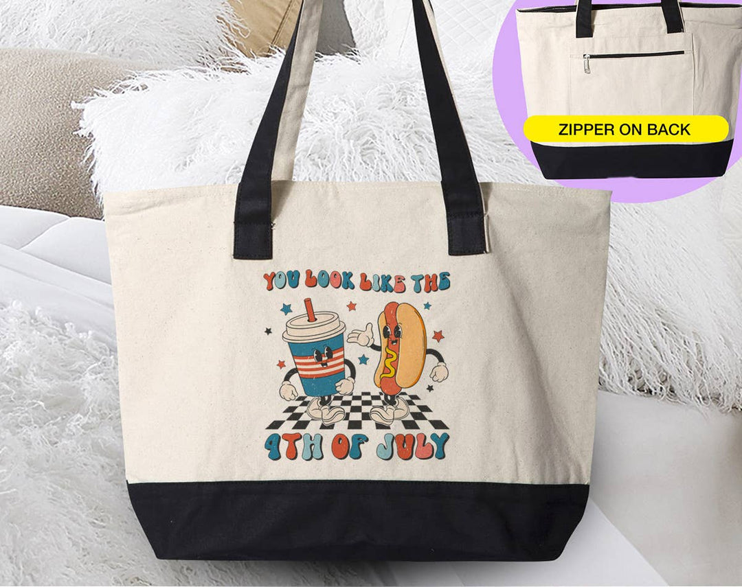 "You Look Like 4th of July" design on a natural canvas zippered tote bag