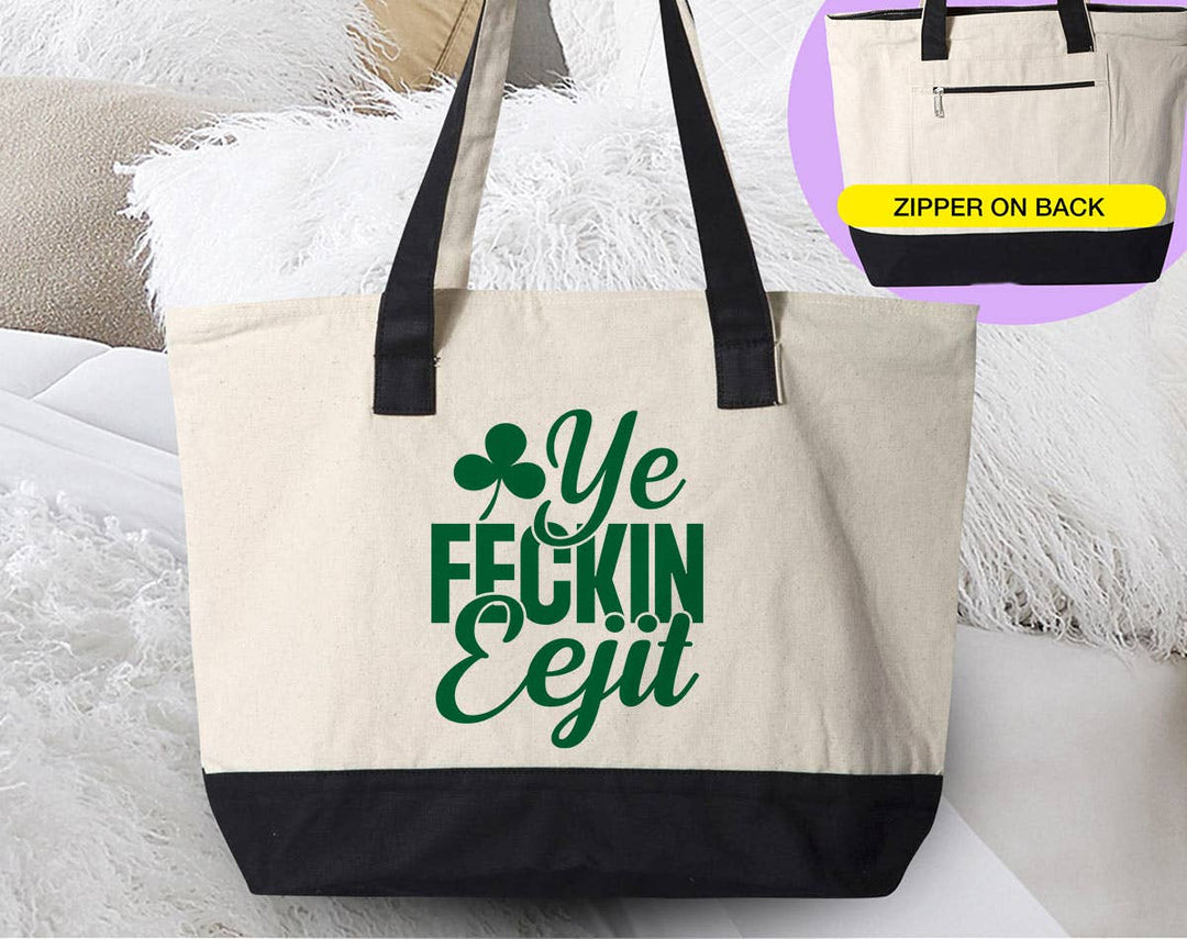 "Ye Feckin Eejit" design on a natural canvas zippered tote bag