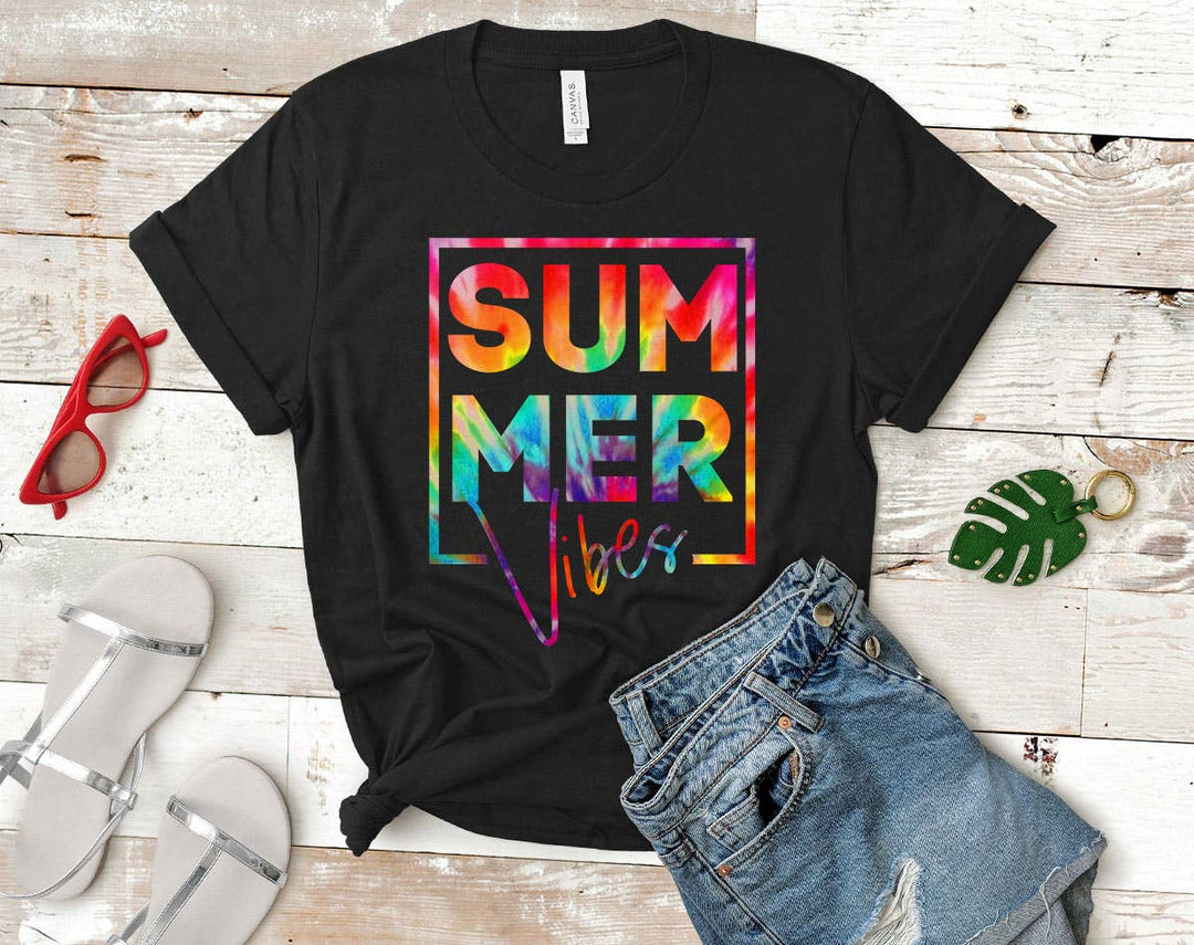 "Summer Vibes Tie Dye" design on a black unisex t-shirt