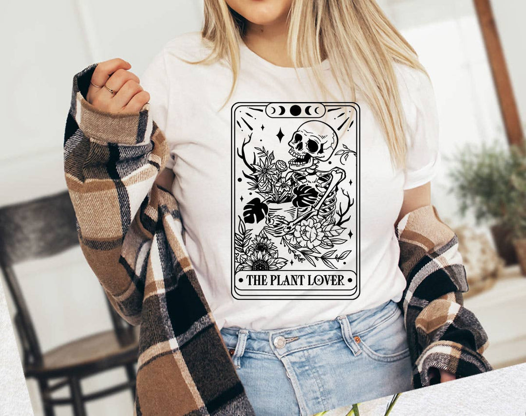 "The Plant Lover Tarot Black & White" design on a white unisex t-shirt