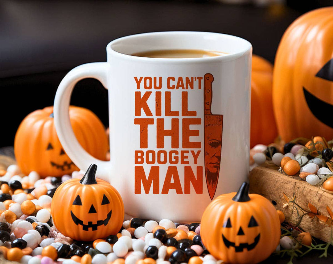 "You Can't Kill The Boogey Man" Halloween design on a white coffee mug