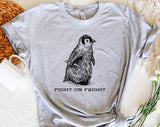 "Fight Or Flight Penguin" design on a heather gray unisex t-shirt