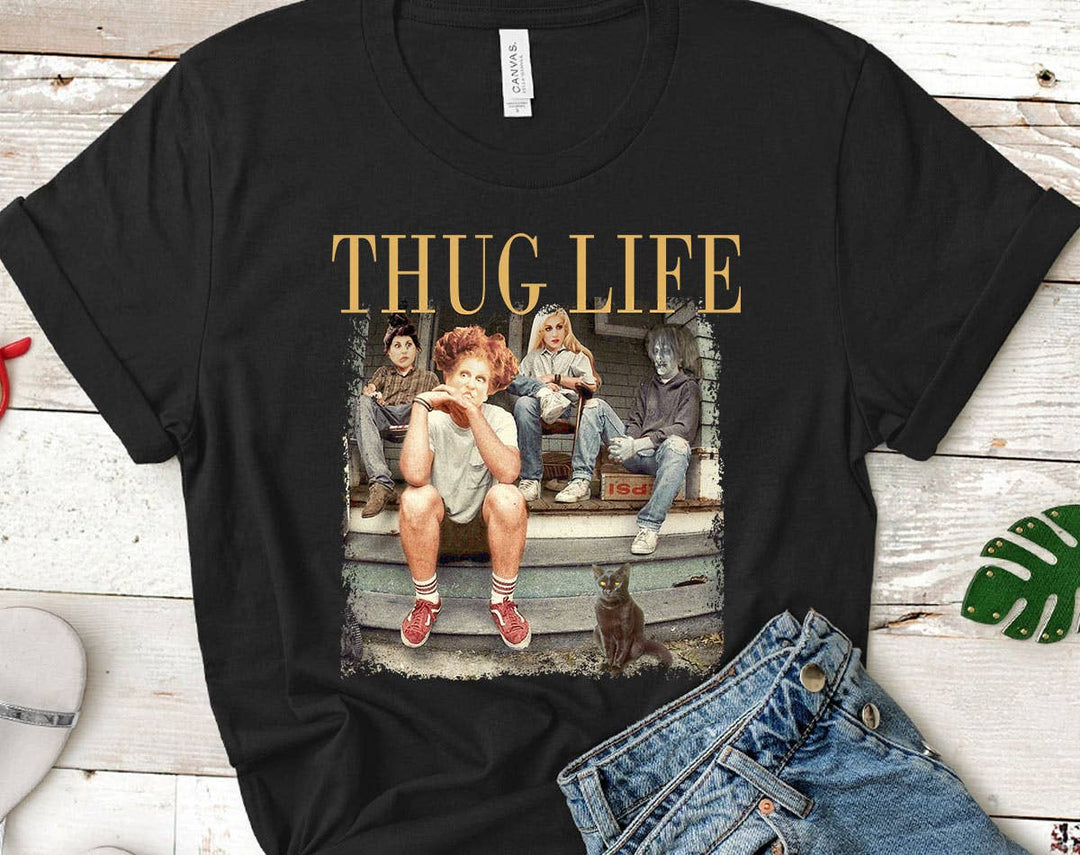 "Thug Life Hocus Pocus" design on a black unisex t-shirt