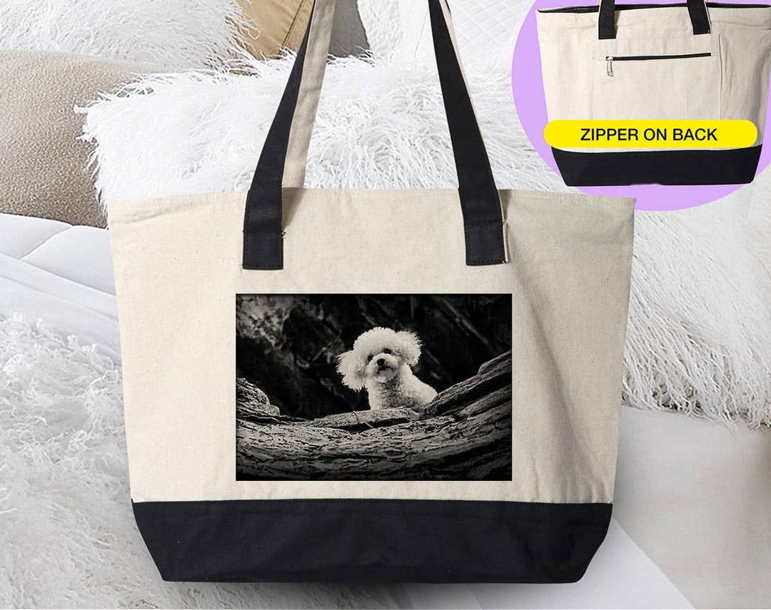 "Silence Of The Lamb Dog" design on a natural canvas zippered tote bag