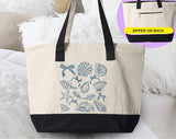 "Seashell Blue Beach Collage" design on a natural canvas zippered tote bag