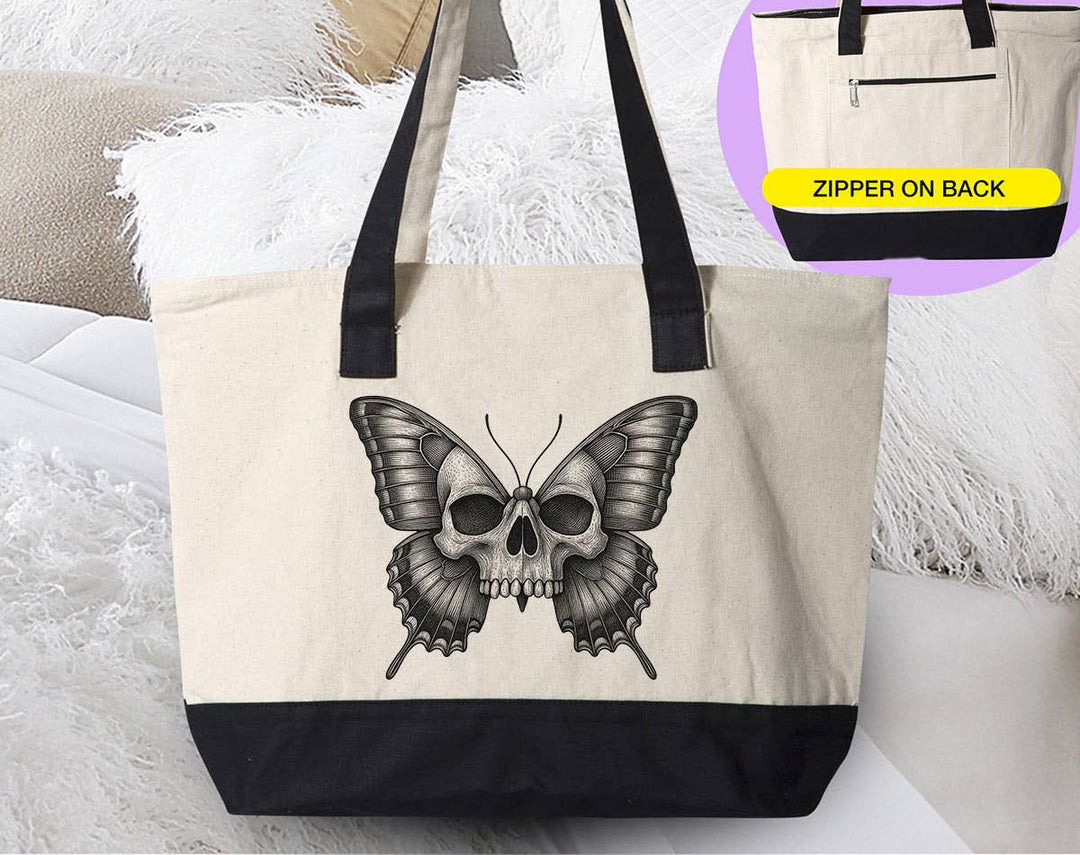 "Skull Butterfly Gothic Horror Art Moth" design on a natural canvas zippered tote bag