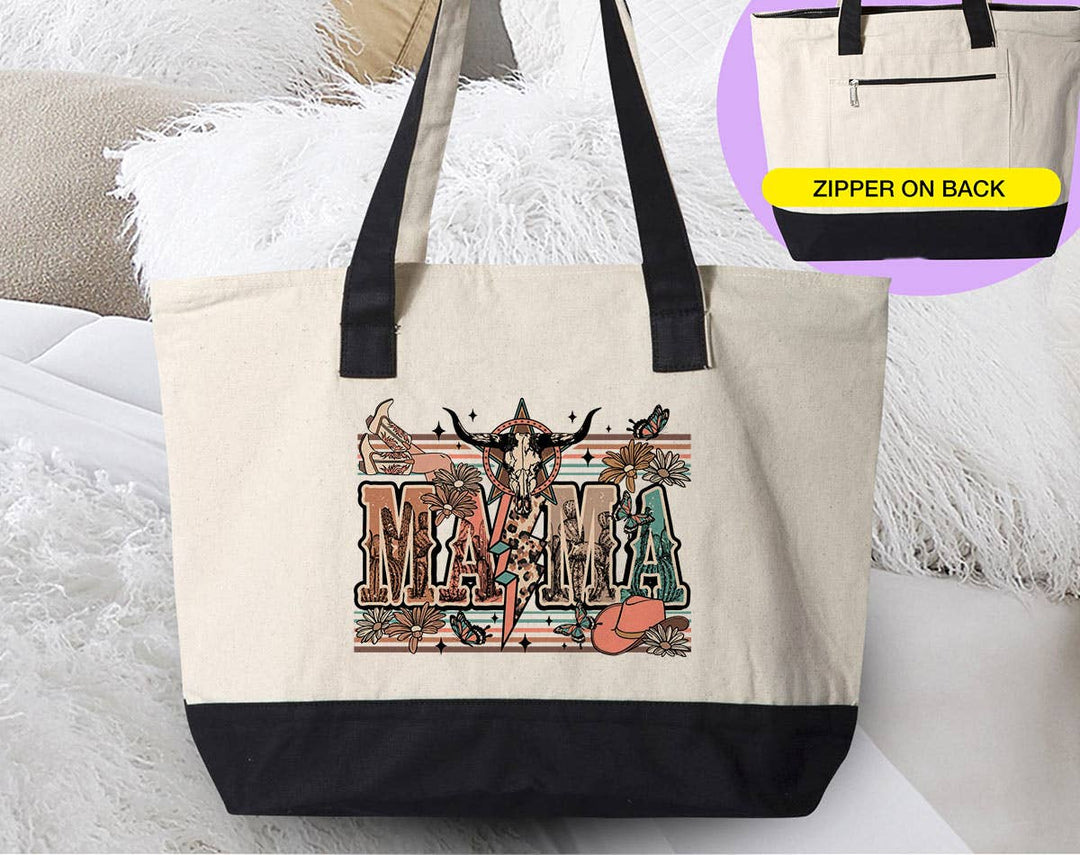 "Mama Western Lightning Boho" design on a natural canvas zippered tote bag