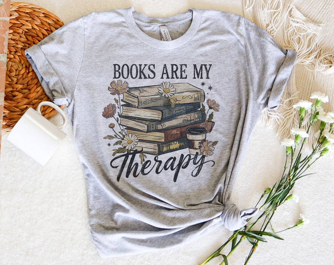 "Books Are My Therapy Flowers" design on a heather gray unisex t-shirt