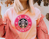 "Be My Valentine Pink Coffee Logo" design on a peach unisex t-shirt