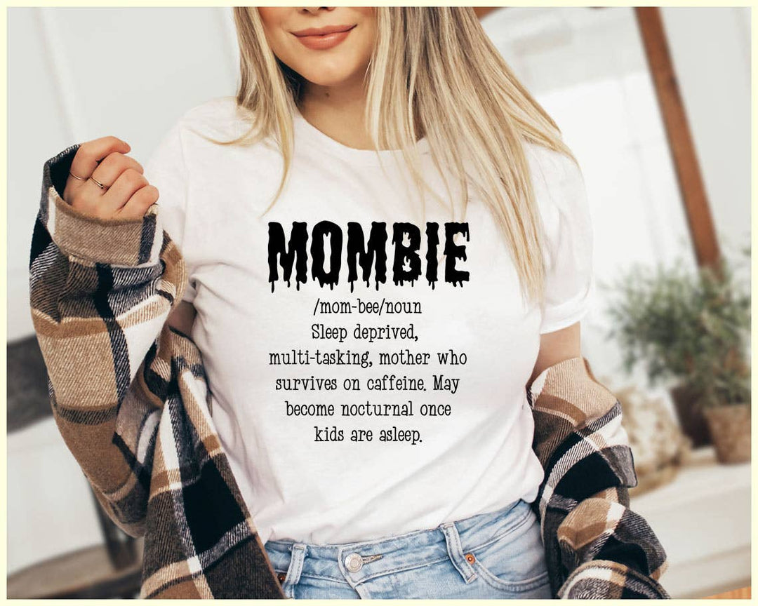 "Mombie Zombie" design on a white unisex t-shirt