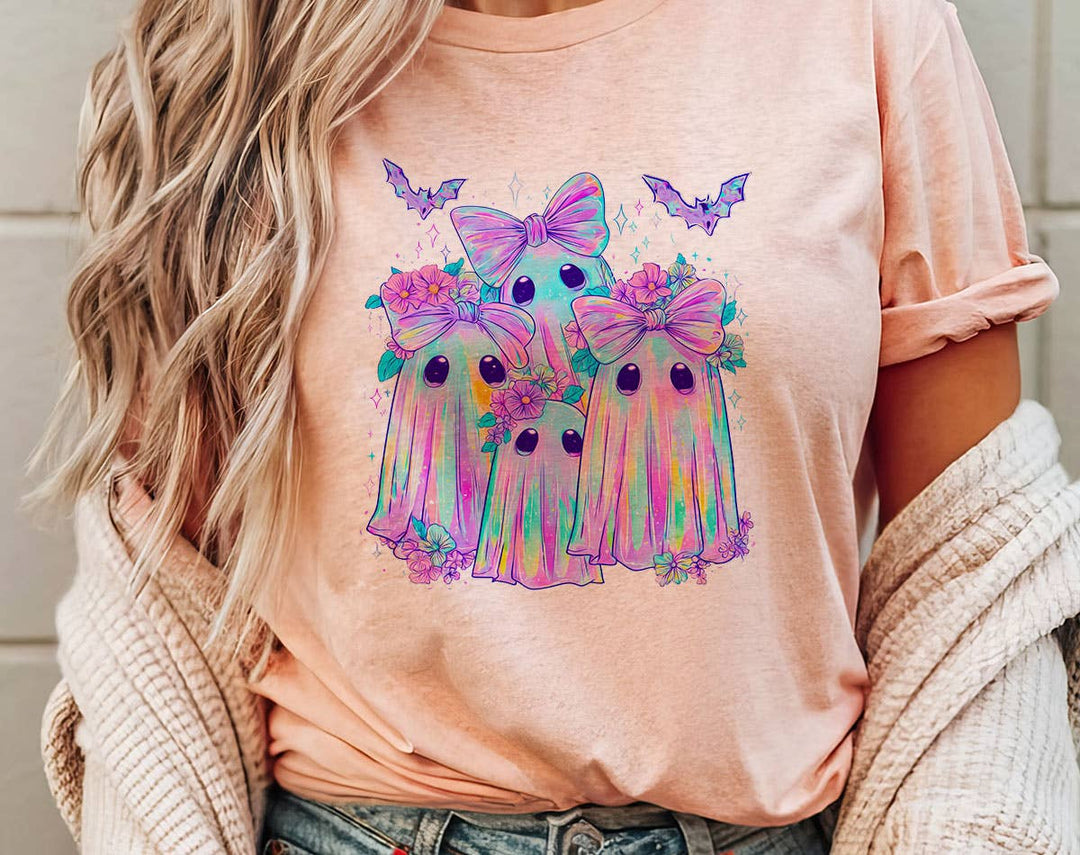 "Iridescent Ghost Bow" design on a peach unisex t-shirt