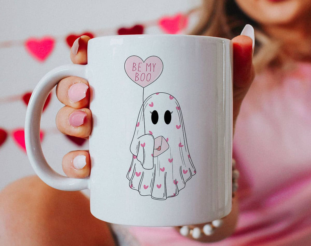"Be My Boo Ghost Heart Balloon" design on a white ceramic coffee mug
