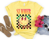 "Summer Babe Smiley" design on a pale yellow unisex t-shirt