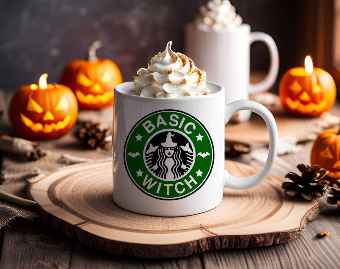 "Basic Witch" Halloween design on a white coffee mug