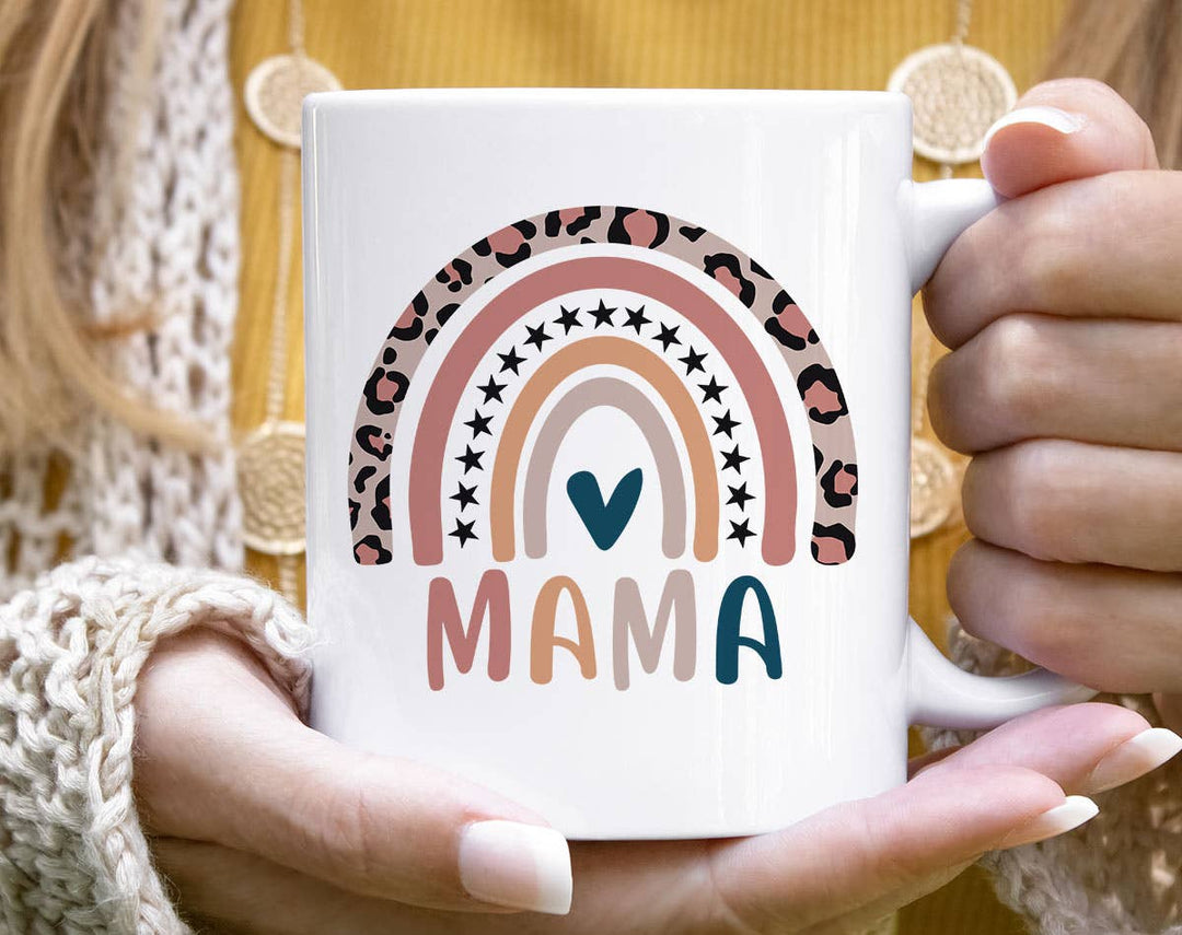 "Mama Rainbow" design on a white ceramic coffee mug