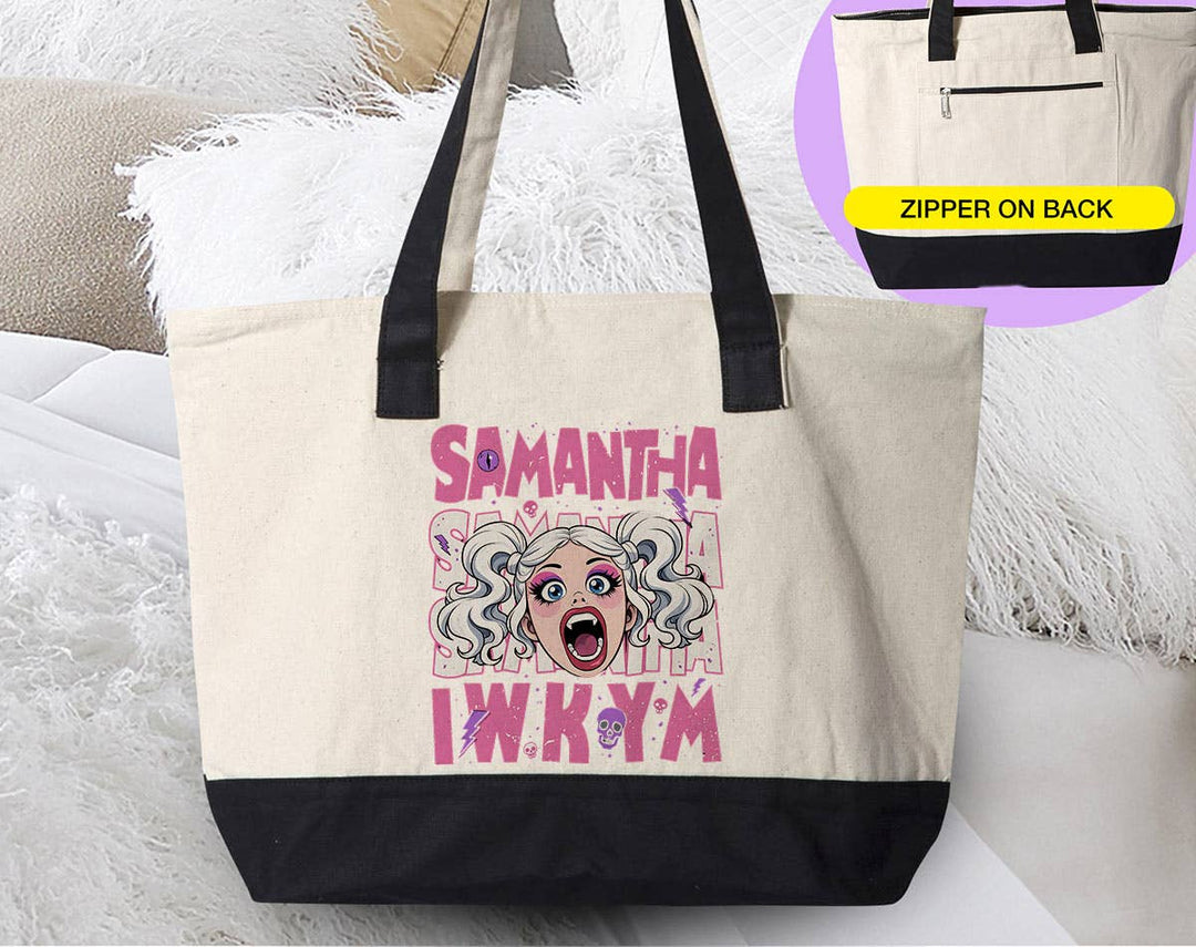 "Samantha Dungeon Crawler Carl Book Inspired" design on a natural canvas zippered tote bag