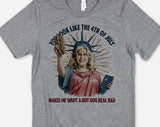 "You Look Like The 4th Of July Meme" design on a heather gray unisex t-shirt