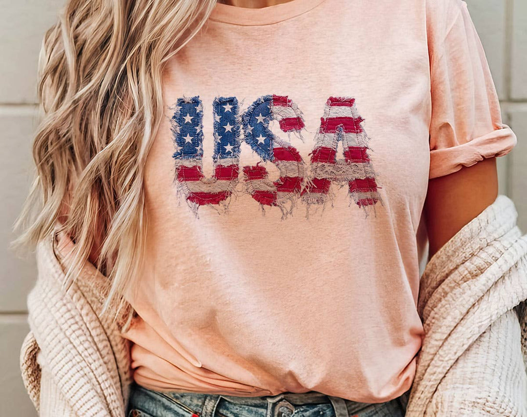 "USA Faux Patchwork American Flag" design on a peach unisex t-shirt