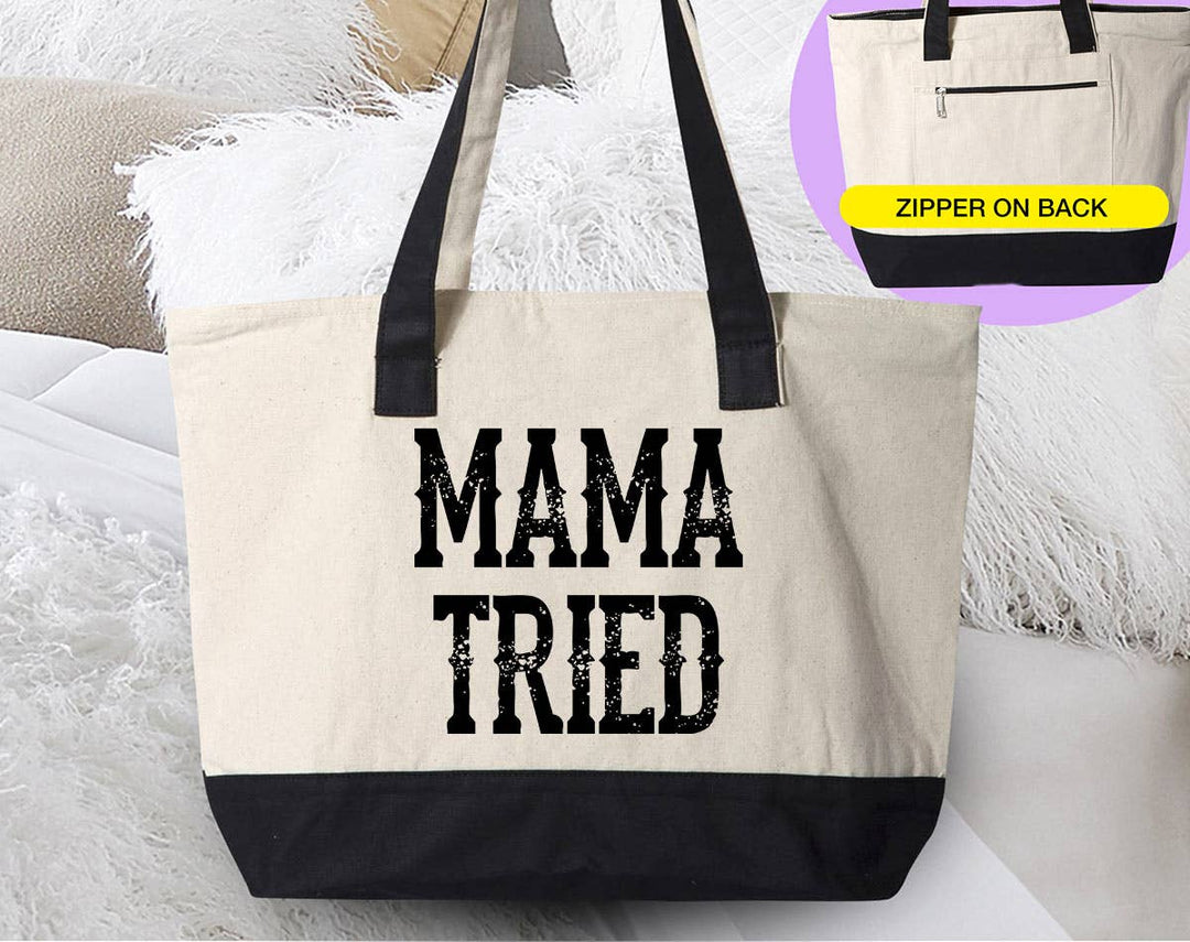 "Mama Tried" design on a natural canvas zippered tote bag