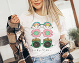 "Lucky Vibes Gold Rainbow" design on a white unisex t-shirt