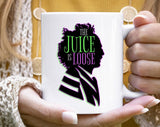 "The Juice Is Loose" Halloween design on a white coffee mug