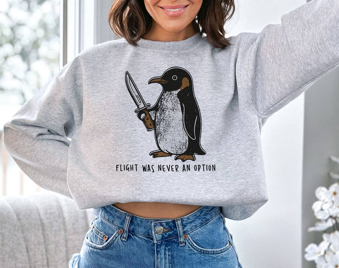 "Flight Was Never An Option" design on an ash gray unisex crewneck sweatshirt