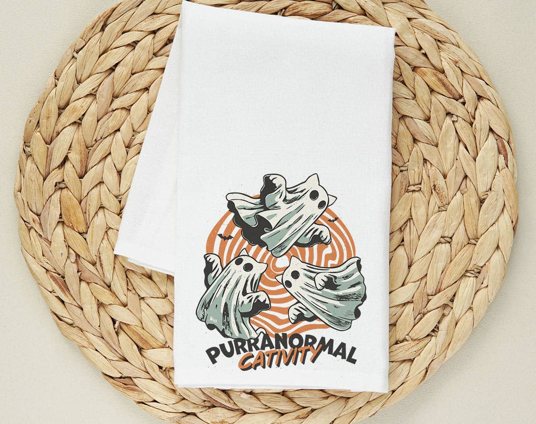 "Purranormal Cativity Cat Ghost" design on a white 28 x 28 inch flour sack tea towel