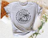 "Happiness Comes In Waves" design on a heather gray unisex t-shirt