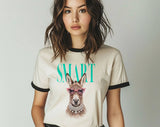 "Smart Donkey Vogue Meme" design on a natural ringer t-shirt with black contrast trim