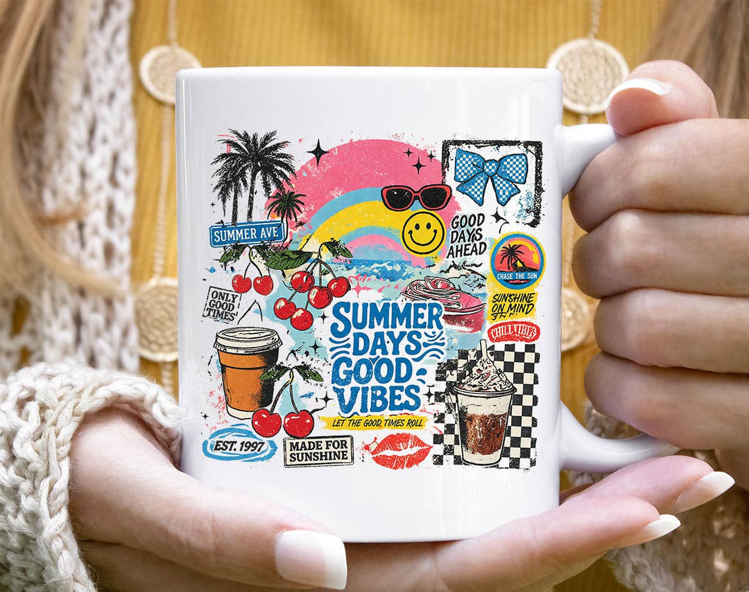 "Summer Days Good Vibes Beach Vacation Collage" design on a white ceramic coffee mug