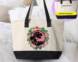 "Mamasaurus Flowers" design on a natural canvas zippered tote bag