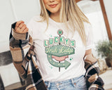 "Lucky's Irish Lodge Retro" design on a white unisex t-shirt
